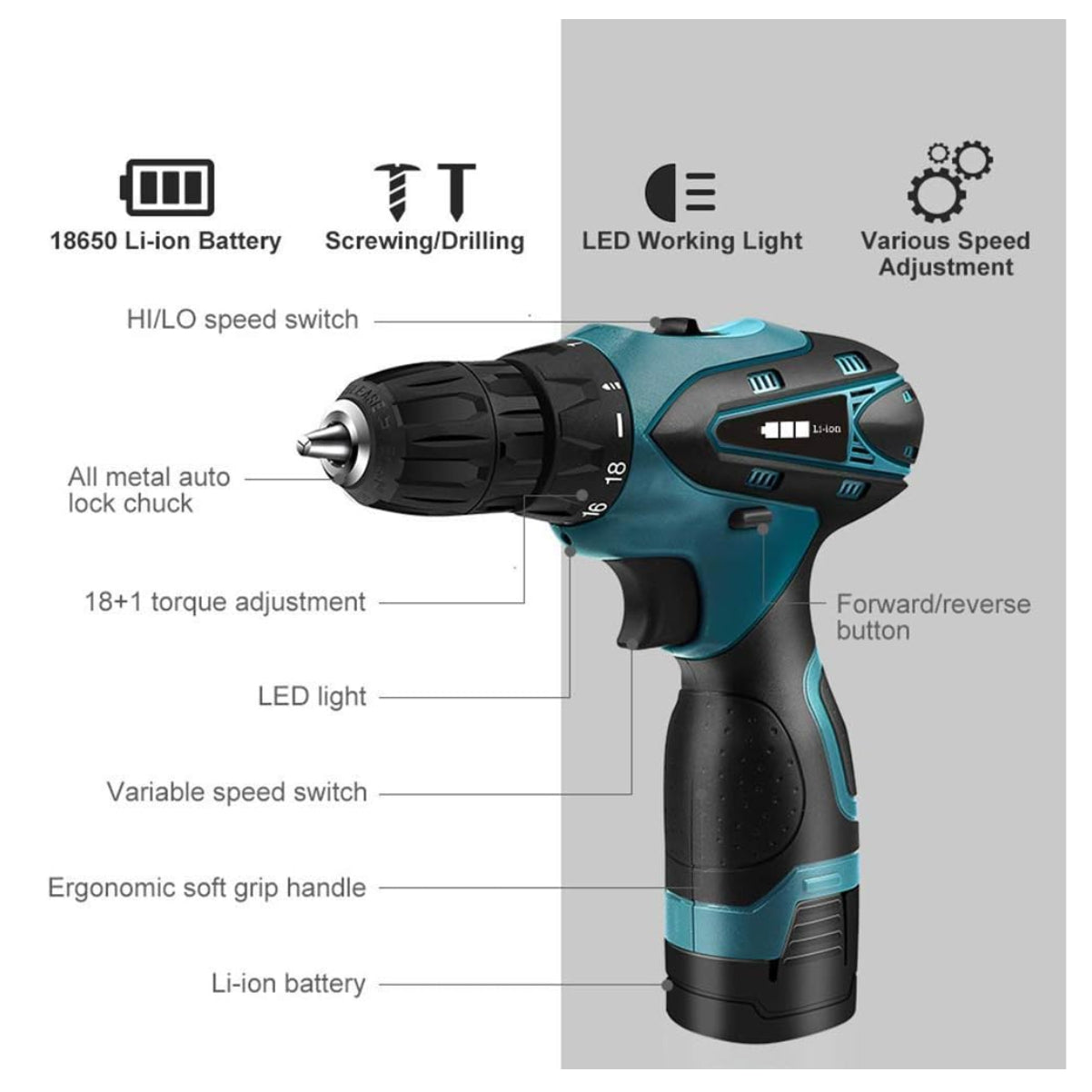 Taladro de Mano con 2 Baterías y Accesorios – Potencia y Precisión para tus Proyectos